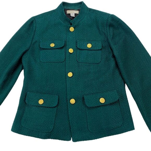 Chicos Tweed Jacket Women's Size 0 Green Long Sleeve Lined Gold Button Front - Picture 6 of 16